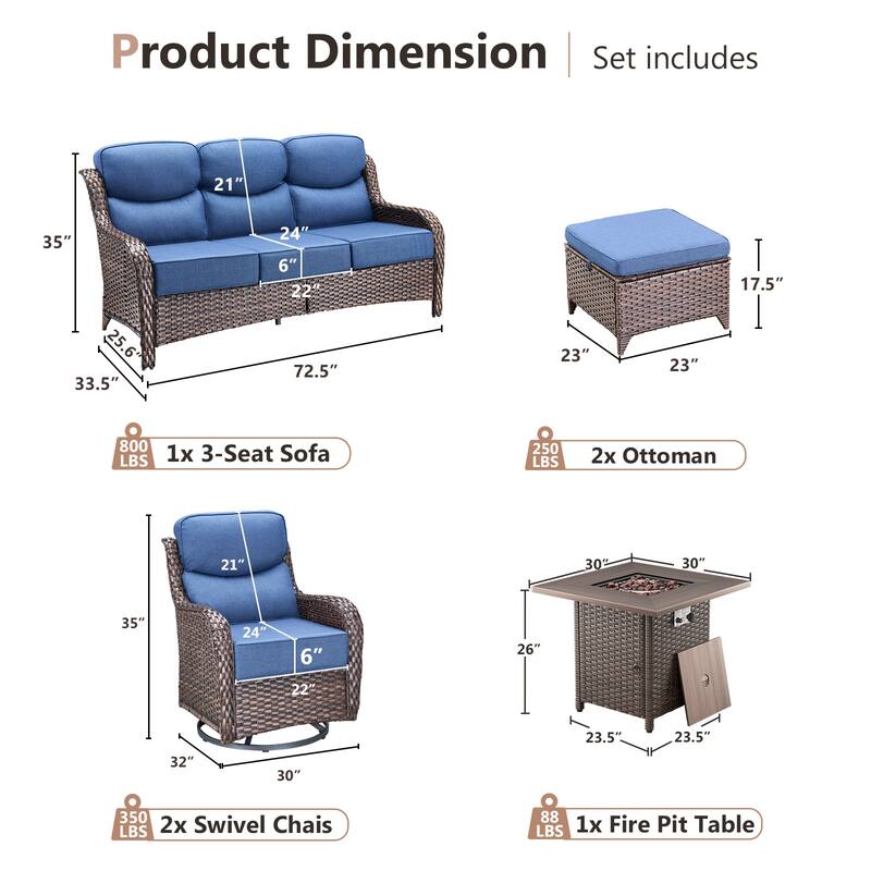 Pocassy Outdoor 6" Sofa Swivel Chairs with Fire Table Funiture