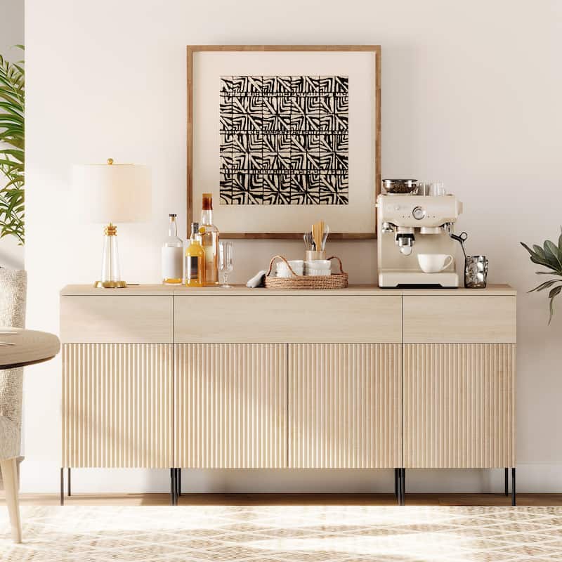 63" Wooden Reeded Sideboard With Doors And Drawers, 3-In-1 Modern Credenza With Charging - Beige