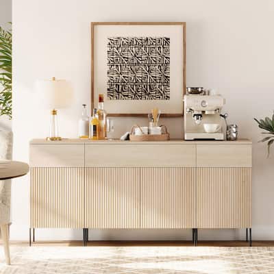 63" Wooden Reeded Sideboard With Doors And Drawers, 3-In-1 Modern Credenza With Charging