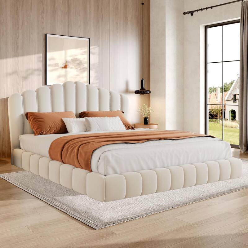 Velvet Upholstered Queen Bed Frame Shell-Shaped Headboard