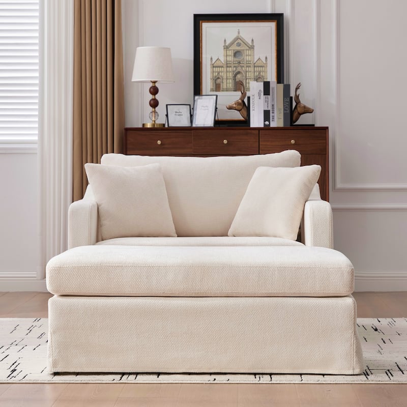 Morden Accent Chair with Ottoman, Chenille Living Room Side Chair, Single Sofa Armchair with Bolster Pillows