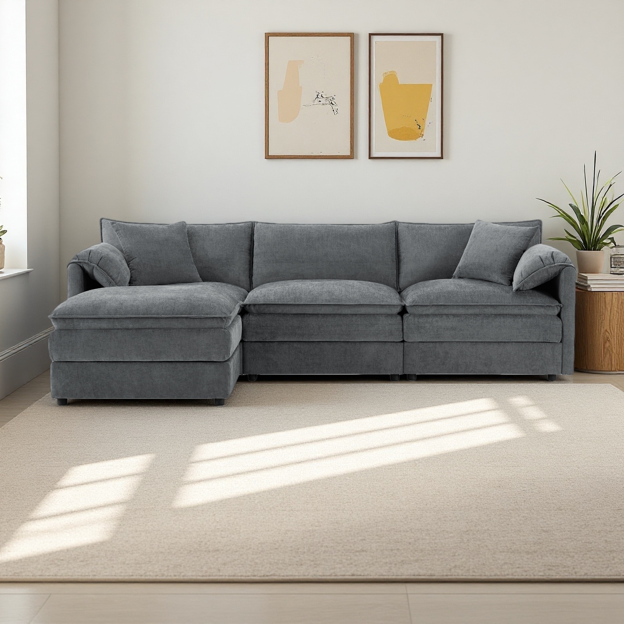 103" Chenille Modular L-Shaped Sectional Sofa with Double Cushions and Movable Ottoman (4-Seater)