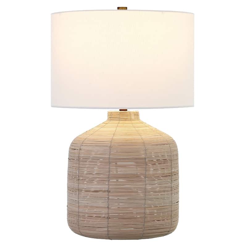 27" Coastal Rattan Table Lamp with Linen White Drum Shade and Included 72" Cord for Bedroom or Living Room