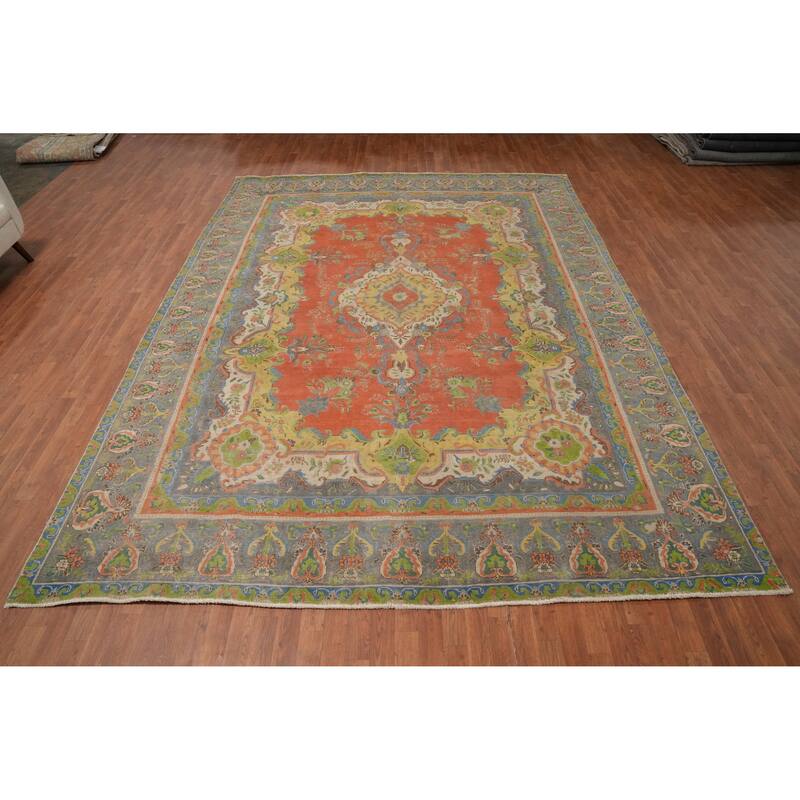 Hand Knotted Oriental 100% Wool Carpet Traditional Floral Oranges & Rust Tabriz Area Rug - 13' 2'' X 9' 9''