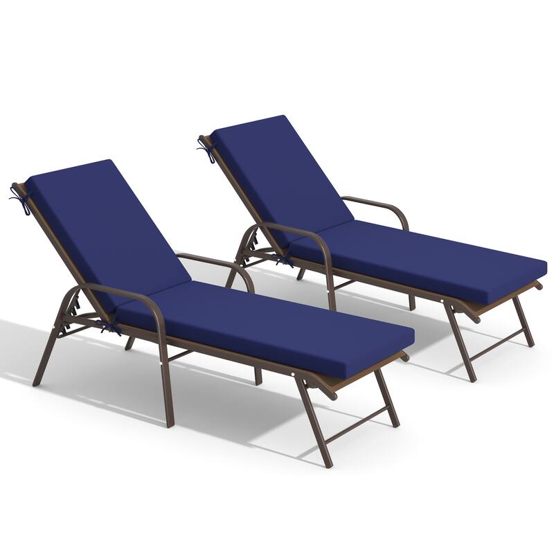 Outdoor Lounge Chairs Chaise Lounge Set with Adjustable Back and Cushions - Brown Fabric Chair with Navy Blue Cushion