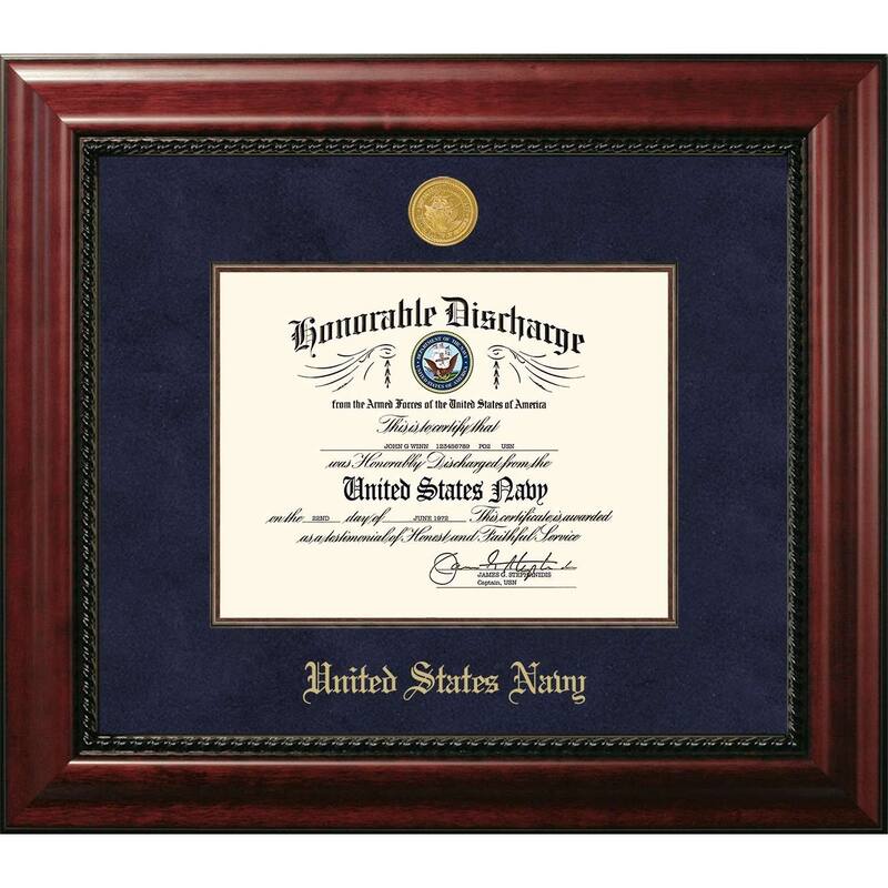 Patriot Frames Navy 8.5x11 Discharge Executive Frame with Gold Medallion and Mahogany Filet