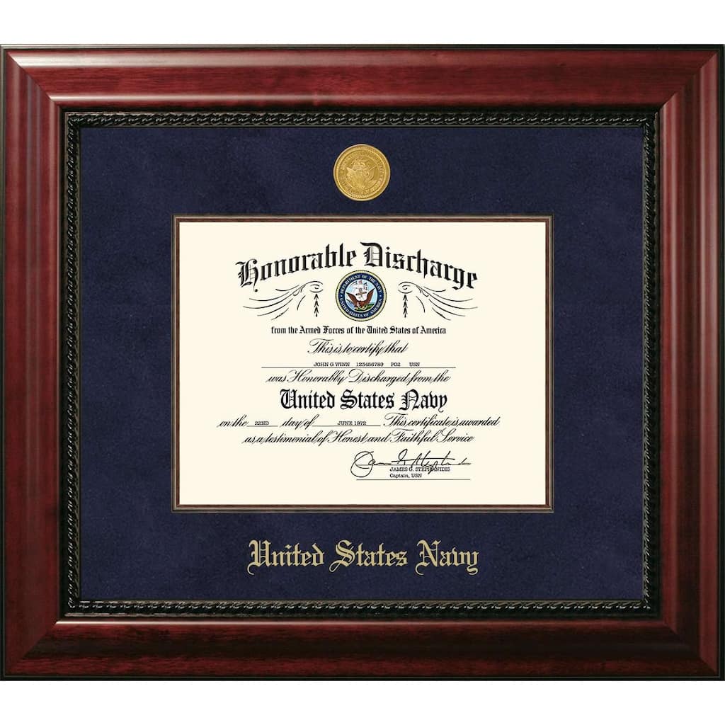 Patriot Frames Navy 8.5x11 Discharge Executive Frame with Gold Medallion and Mahogany Filet