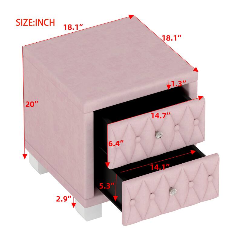 Elegant Velvet 2-Drawer Nightstand with Crystal Handles - Button-Tufted Storage Bedside Table (Pink)