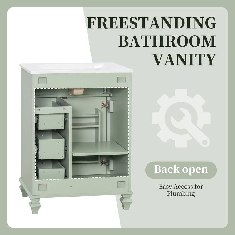 24" Freestanding Bathroom Vanity with Ceramic Sink, Flip-Out Drawer & 3-Drawer Cabinet, Solid Wood & MDF