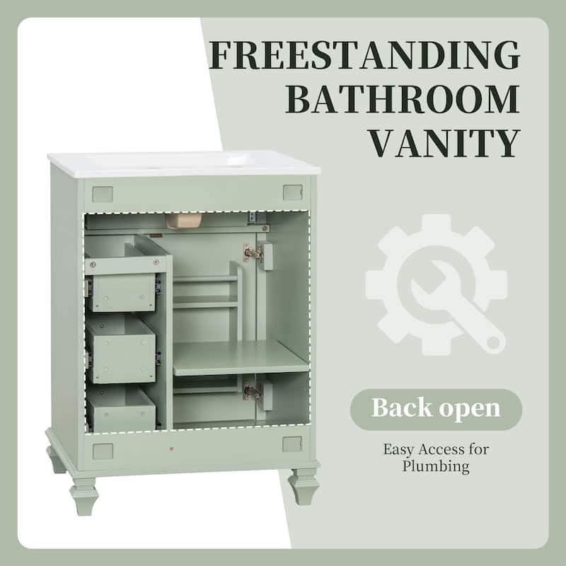 24"Bathroom Vanity with Sink, Freestanding Vanity Cabinet with Flip-Out Drawer, 3 Drawers & Storage Cabinet, Ceramic Sink Top