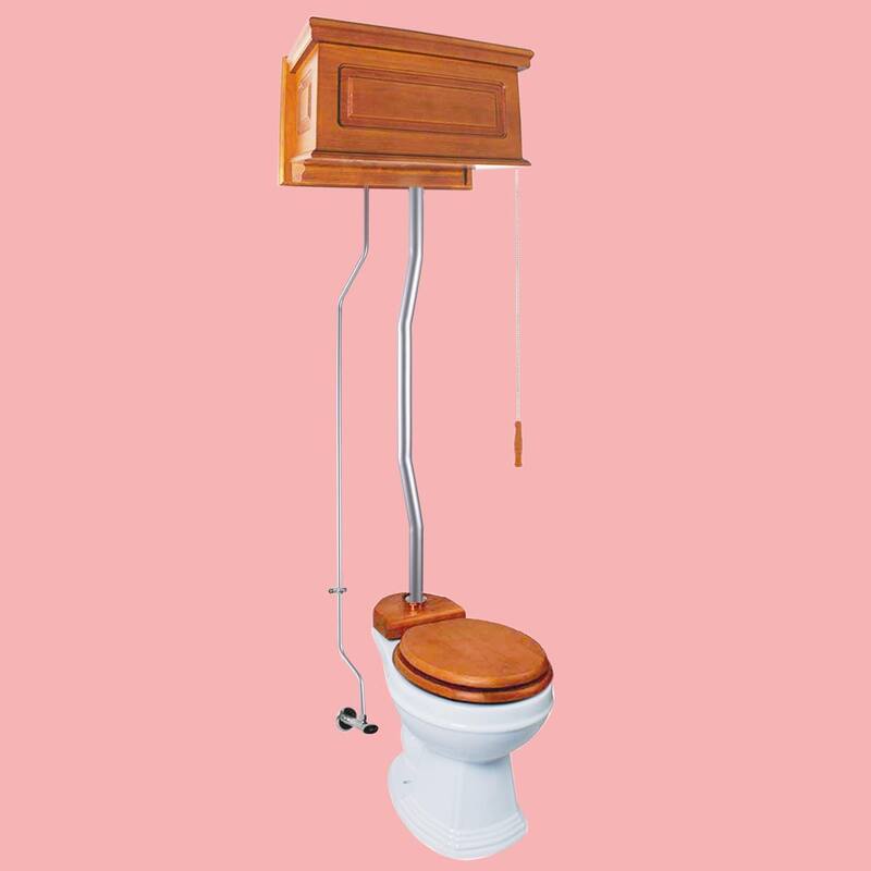 Light Mahogany Wooden High Tank Toilet Raised Tank, Satin Z Pipes and Round White Bowl