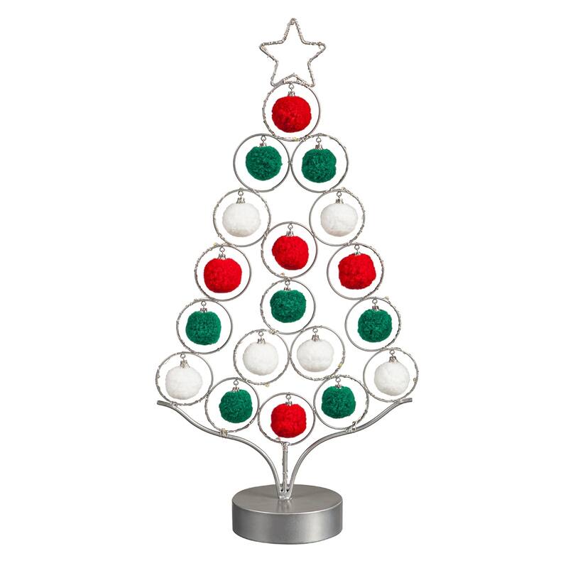 LED 16" Metal Tree with Pom Pom Ornaments Table Decor