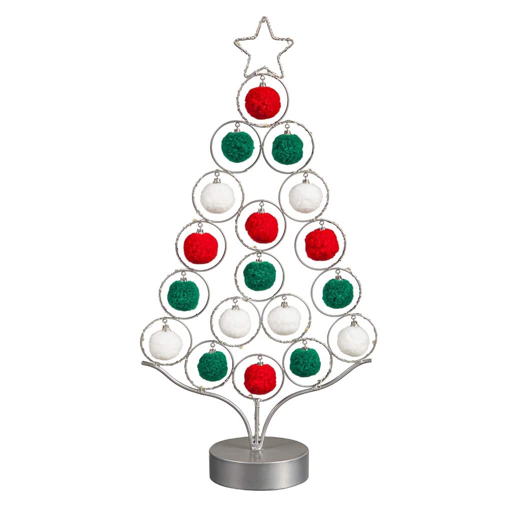 LED 16" Metal Tree with Pom Pom Ornaments Table Decor