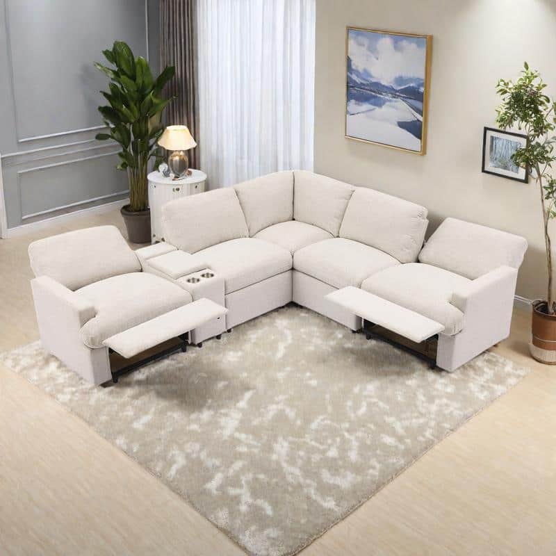 104" Linen Power Recliner Sectional 4-Seat Sofa with Storage, USB Ports and Cup Holders