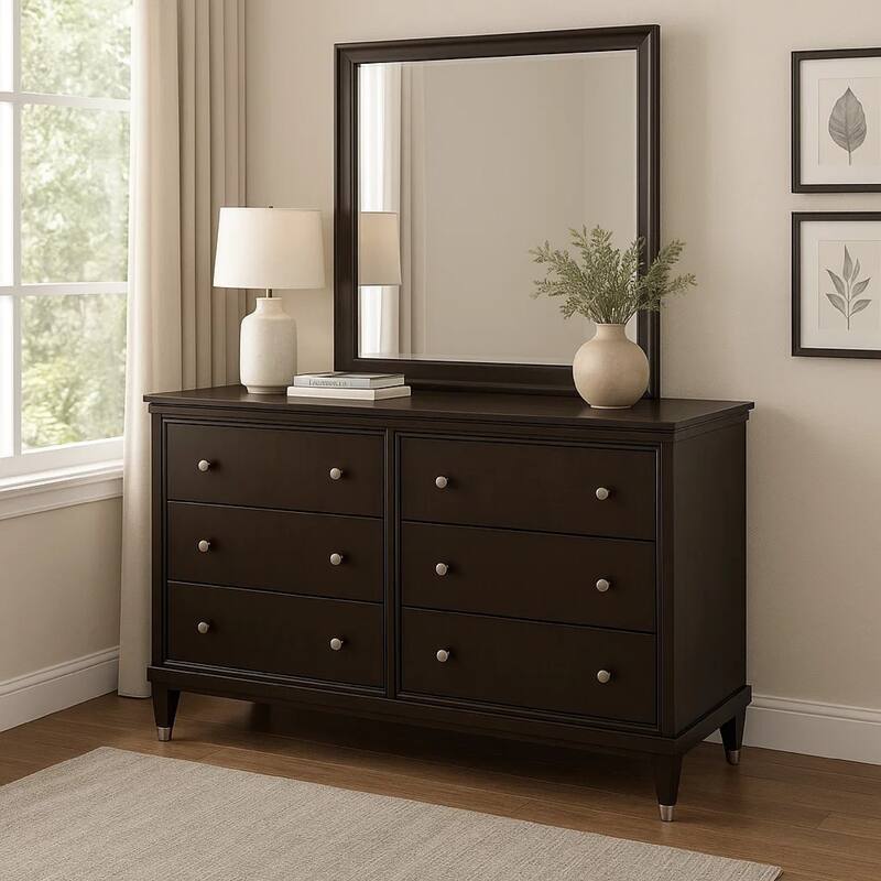 Amber Wide Dresser with Mirror, 6 Drawers, Brown Wood, Silver Knobs