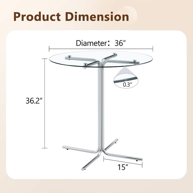 36" Round Glass Bar Table - Tempered Glass Top, Gold Chrome Column Base, Space-Saving Design