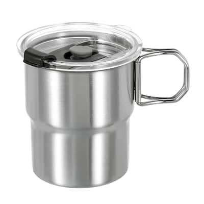 304 Stainless Steel Cups with Handle & Lid, 10oz Metal Double Wall Water Glasses - Silver