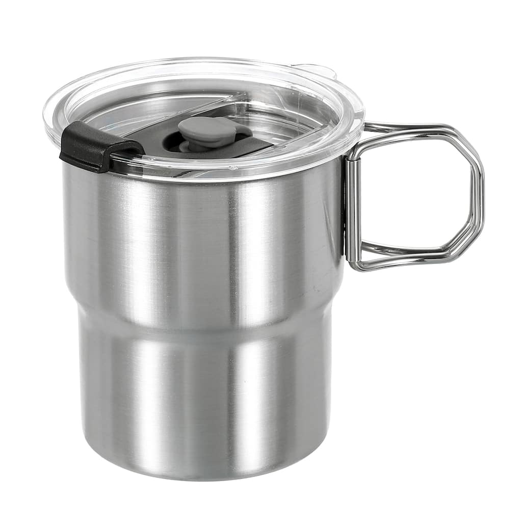 304 Stainless Steel Cups with Handle & Lid, 10oz Metal Double Wall Water Glasses - Silver