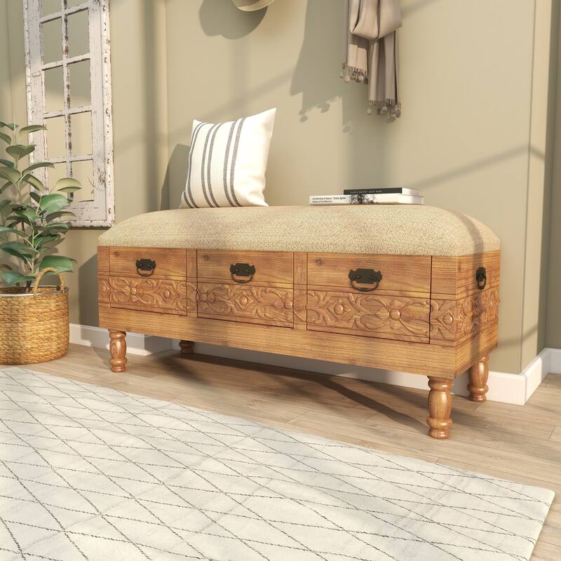 Brown Wood Intricately Carved Floral Storage Bench with Cream Burlap Top