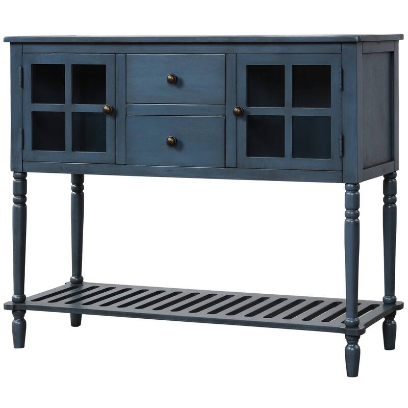 Sideboard Console Table with Bottom Shelf and Farmhouse Wood/Glass Buffet Storage Cabinet - 42"L x 14"W x 34.2"H - Antique Navy