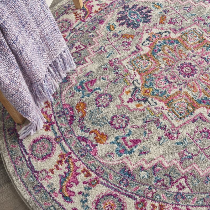 Caki Power Loomed Geometric Floral Area Rug By HomeRoots - 4' Round