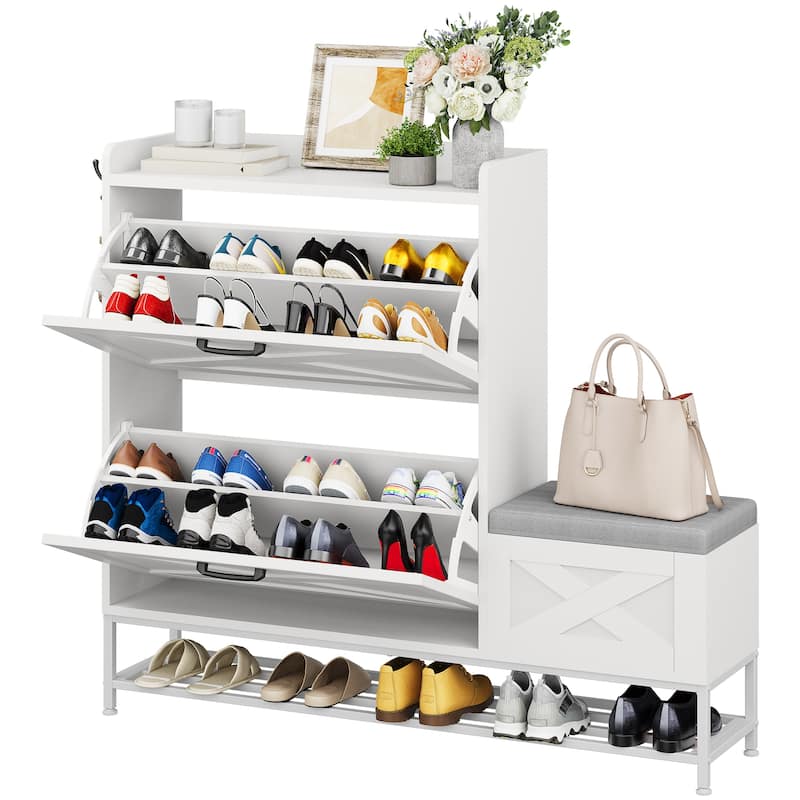Farmhouse Shoe Storage Cabinet with Shoe Bench Entryway Shoe Storage with 2 Flip Drawers for 16 Pairs - 9.4W" x 47.1"L x 41.3"H - White