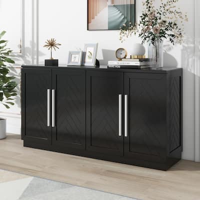 Wooden Sideboard with 4 Doors, Coffee Bar Cabinet with Adjustable Shelves, Storage Cabinet with Silver Handles
