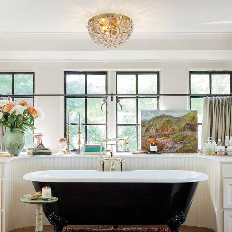 Luxury 3-Light Crystal Flower Cage Flush Mount Ceiling Light 16.5in
