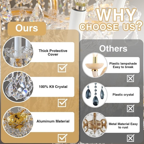 KAYLA Polished Gold Candle Chandelier, Cascading Raindrop Crystals