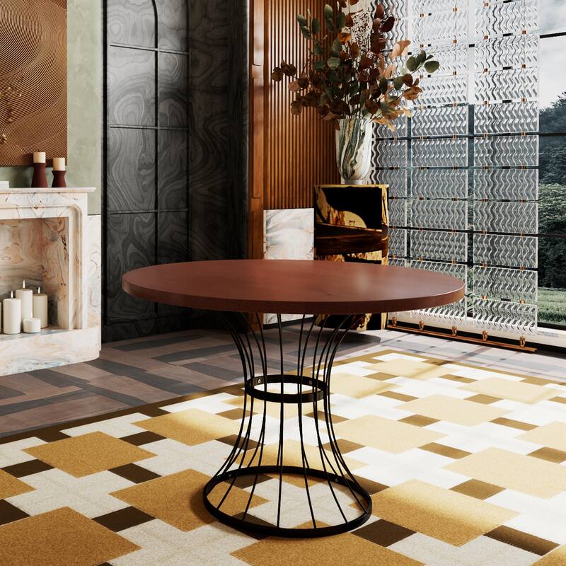 42" Round Dining Table -Solid Wood-Look Top, Heavy-Duty Wrought-Iron Pedestal Base, Compact Kitchen & Breakfast-Nook Furniture