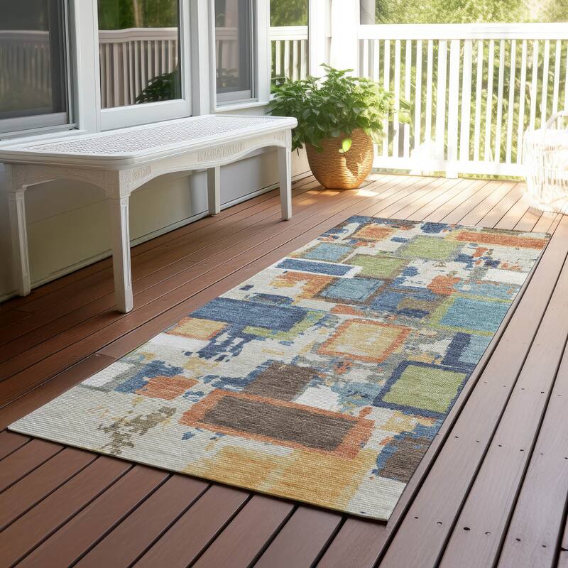 Machine Washable Indoor/ Outdoor Contemporary Geo Chantille Rug - Denim - 2'3" x 7'6"