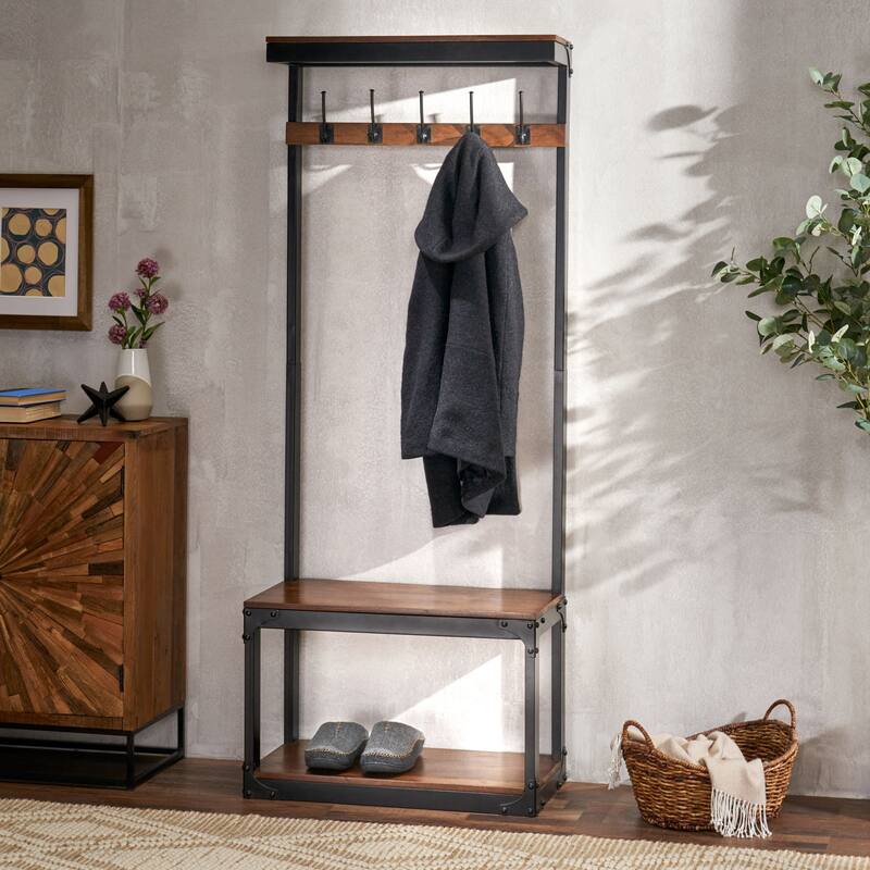Willards Indoor Mango Wood Handcrafted Coat Rack with Bench by Christopher Knight Home - Cafe + Black