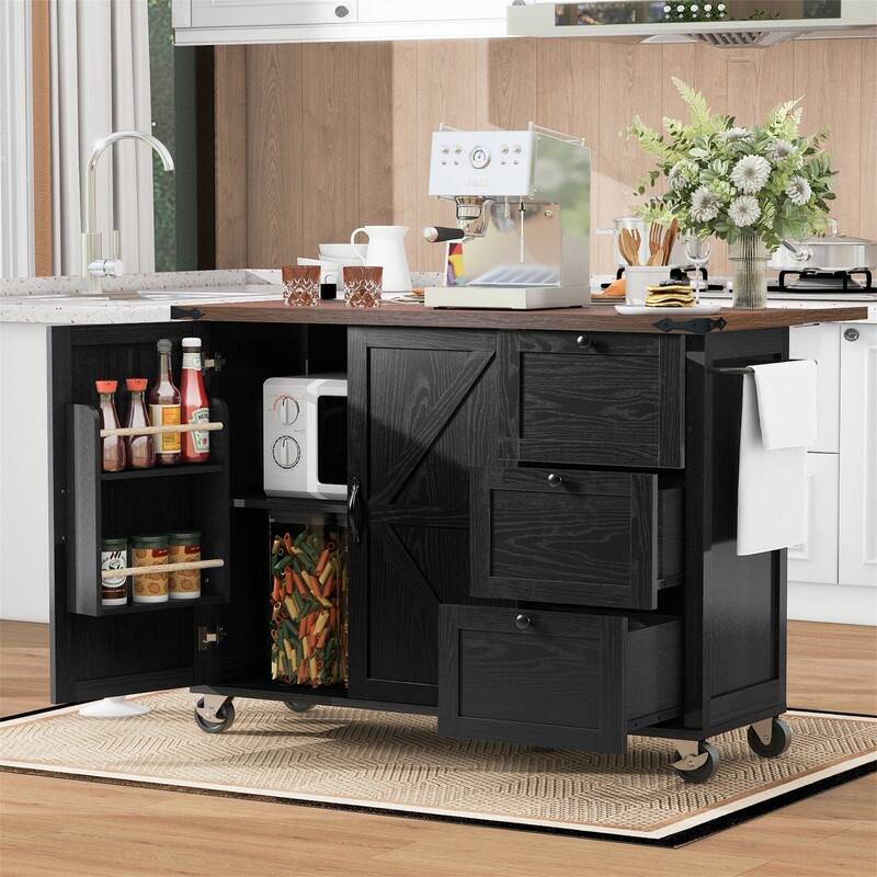 Farmhouse Kitchen Island with Power Outlet, Rolling Kitchen Cart on Wheels with Internal Storage Rack, Drop Leaf, Spice Rack