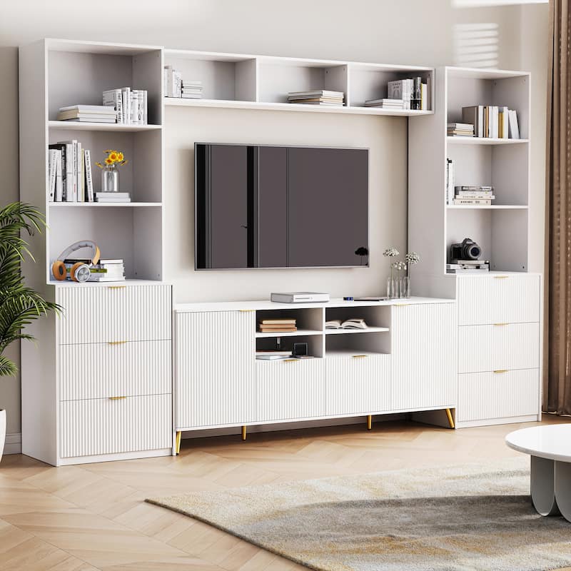 Large Entertainment Wall Unit w/ Large Storage Wall Mounted TV Stand w/ Open Bookshelf Media Cabinet for TVs Up to 70"