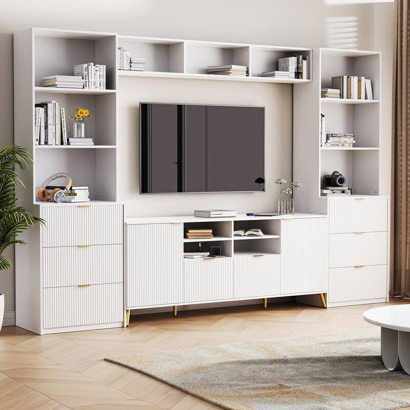 Roomfitters 4-Piece Entertainment Wall Unit for up to 70 Inch TV, Media Storage Cabinet with Shelves and Fluted Panels, White