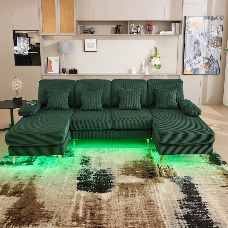 HOMEFUN Corduroy Upholstered U-shaped Adjustable Light Modular Sectional Sofa With Type-C and USB ports - Emerald