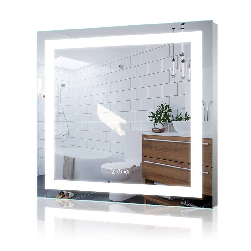 LED Bathroom Vanity Mirror Wall Mounted Dimmable Anti-Fog Mirror with 3 Buttons Vertical & Horizontal Hang