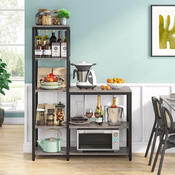 IRONCK Kitchen Bakers Rack With Power Outlet - 5-Tier Microwave Stand With Storage Shelves & Hooks (Vintage Brown)