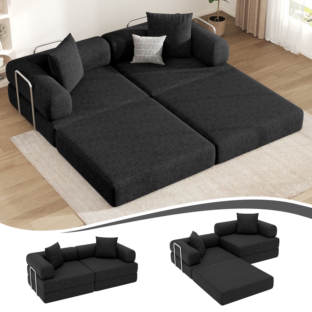 4-in-1 Folding Sofa Bed with Fixed-Shape Frame, DIY Combination Modular Sofa Convertible Chenille Couch for Living Room