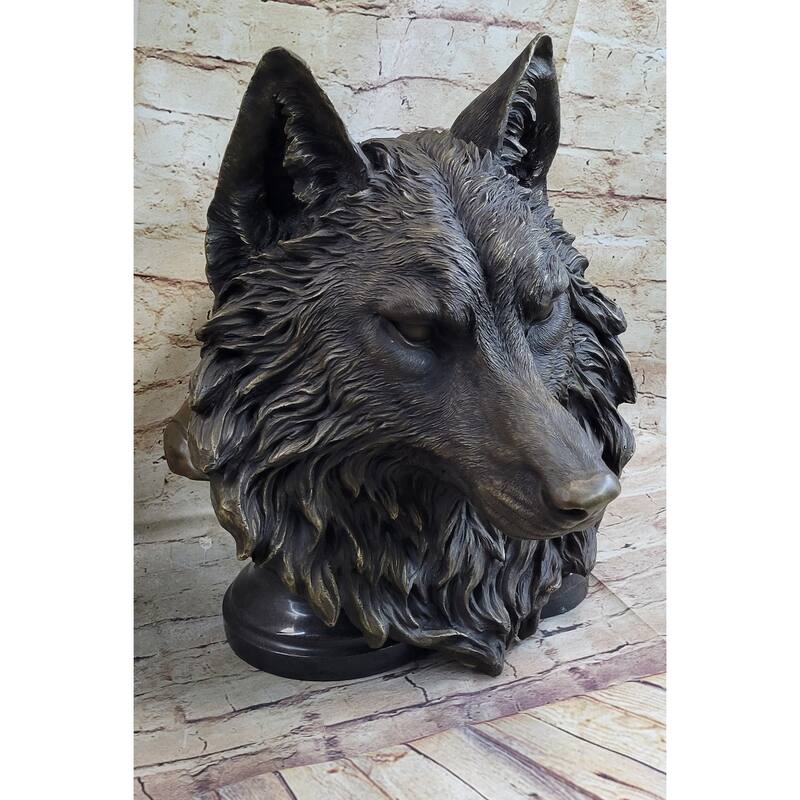Wall Mounted Hanging Wolf Head Bust Bronze Sculpture Decor Signed Original Art