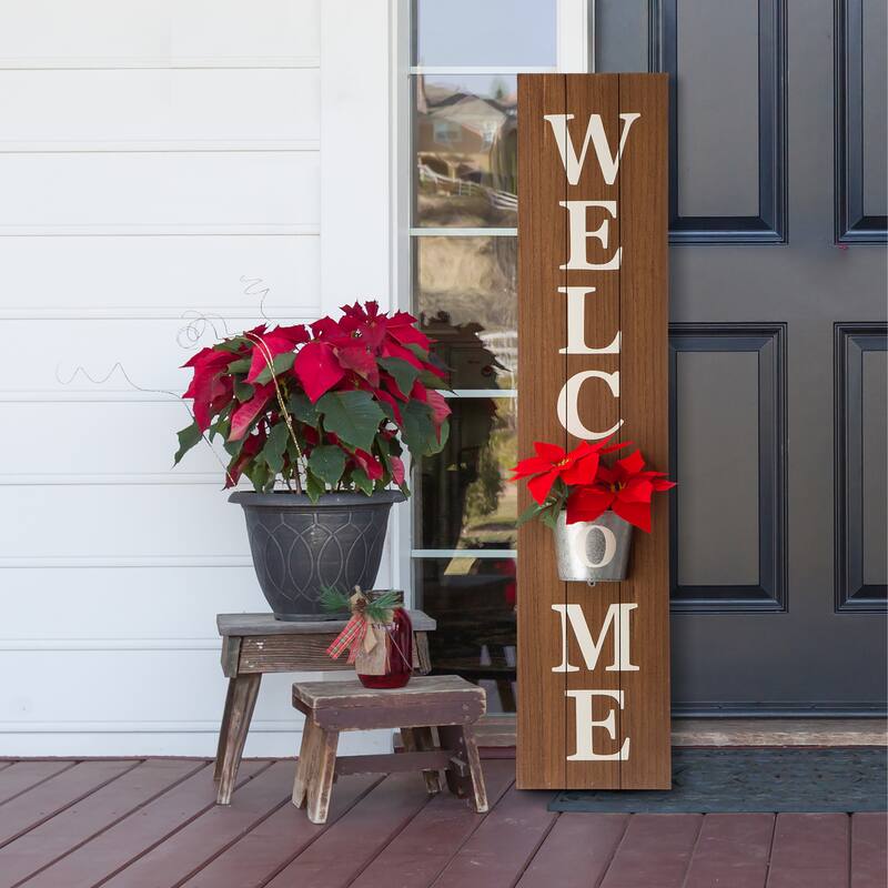 Glitzhome 42-inch Wooden Welcome Porch Sign Wall Decor with Metal Planter