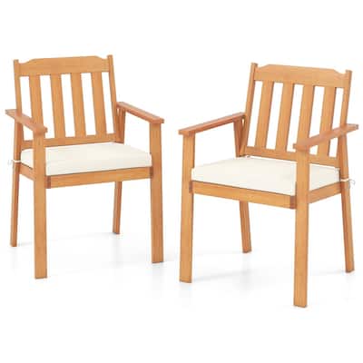 Natural-White Acacia Wood Patio Dining Chairs Set of 2 with Padded Cushions - 22.5" x 23" x 34"(L x W x H)