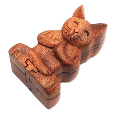 Novica Handmade Meditating Cat Wood Puzzle Box - 5" H x 3.5" W x 2.4" D