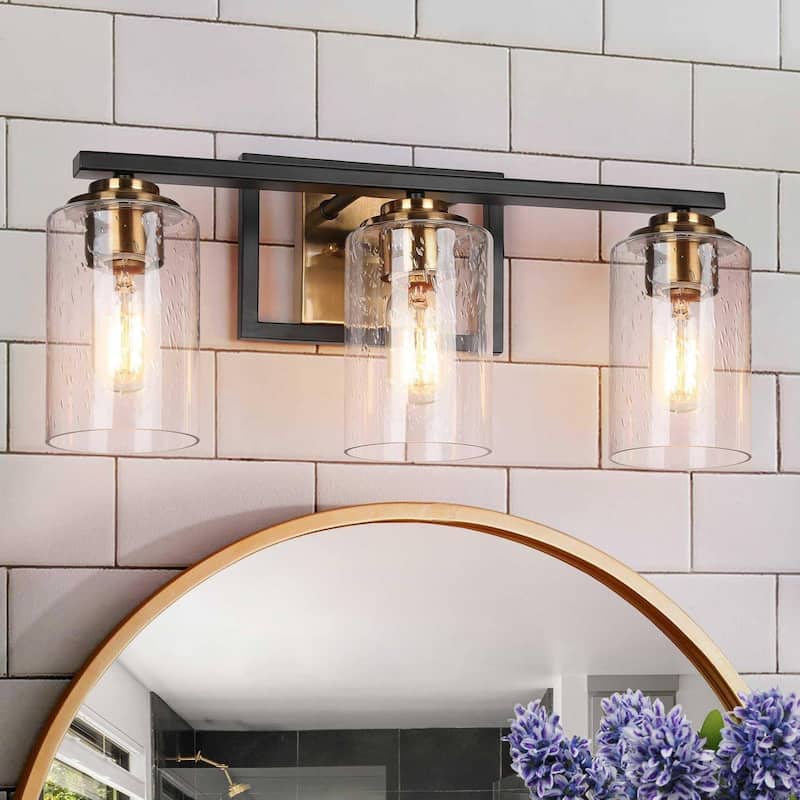 Modern Black Gold 3-Light Bathroom Vanity Lights Wall Lighting with Seeded Glass Shade - 20" L-3-Light