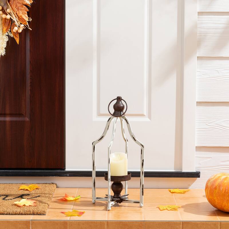 Glitzhome 16.50"H Modern Farmhouse Small Antique White Metal Lantern Candle Holder