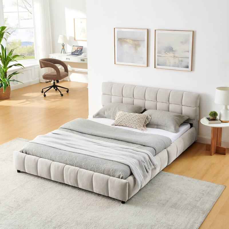 Queen Size Upholstered Bed, comfortable upholstered bed frame, Chenille fabric, with headboard and solid bed frame