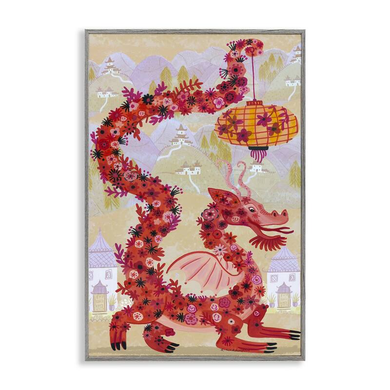 Stupell Dragon & Lantern Mythology Framed Giclee Art Design By Kay Widdowson - 20 x 30 - Grey