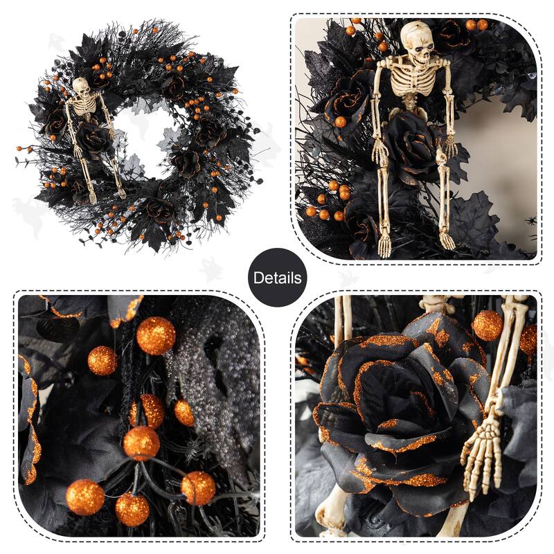 Glitzhome Halloween Black Rose Skeleton & Berry Wreath or Swag with Metal Wreath Hanger