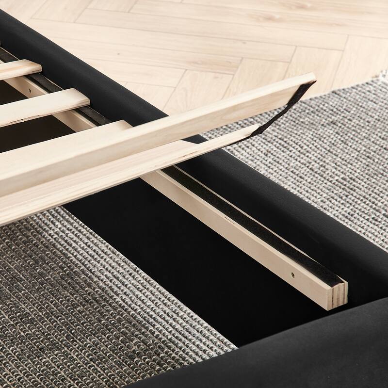 King Upholstered Wingback Platform Bed Frame with Vertical Stripe Enlarged Headboard, Adjustable Lamps & Integrated Nightstand