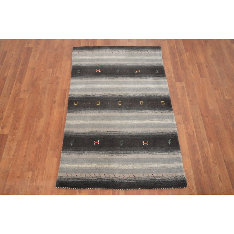Hand Knotted Oriental 100% Wool Carpet Tribal Animal Pictorial Greys & Charcoal Gabbeh Area Rug - 4' 8'' X 3' 0''